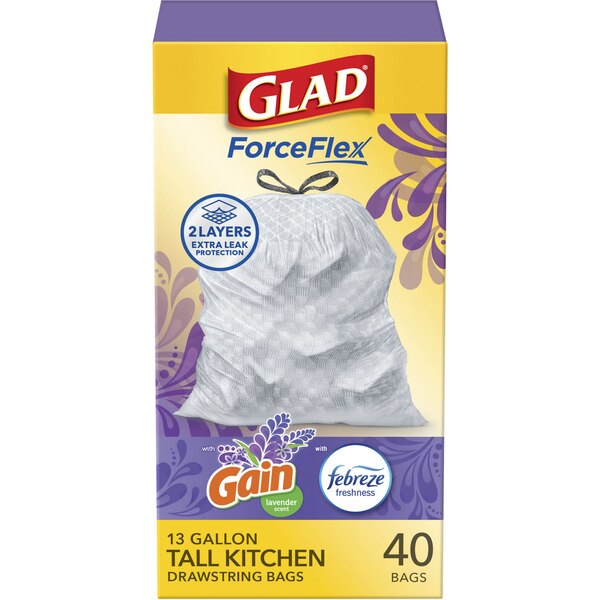 Glad ForceFlex Tall Kitchen Trash Bags, 13 Gal Drawstring, scented