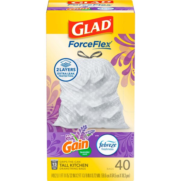 Glad ForceFlex Tall Kitchen Trash Bags, 13 Gal Drawstring, scented