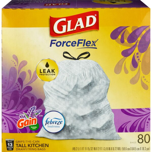 Glad ForceFlex Tall Kitchen Drawstring Trash Bags, 13 Gallon, Lavender, 80 CT