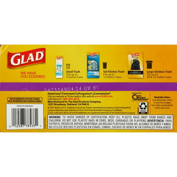 Glad ForceFlex Tall Kitchen Drawstring Trash Bags, 13 Gallon, Lavender, 80 CT