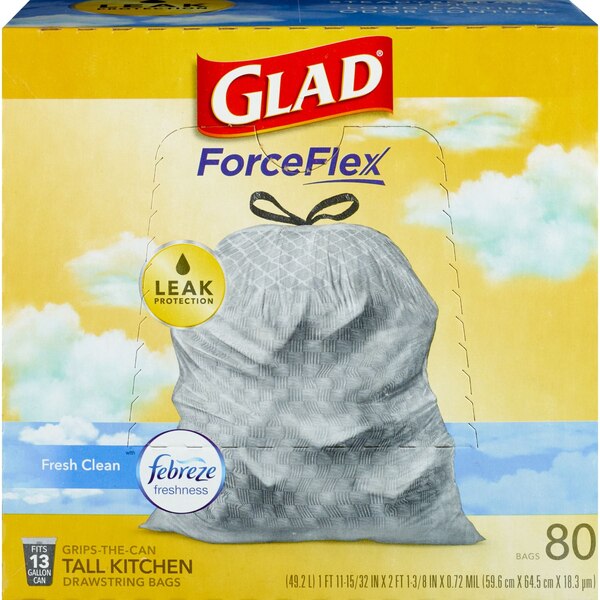 Glad ForceFlex Scented Tall Kitchen Drawstring Trash Bags, Fresh Clean, Gray, 13 Gallon, 80 CT