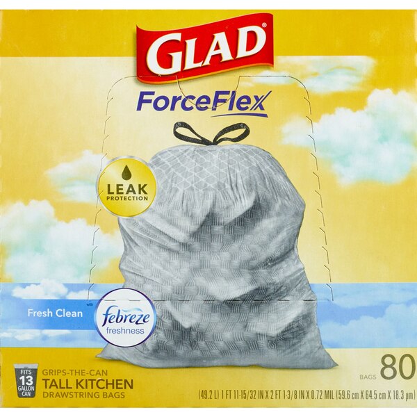 Glad ForceFlex Scented Tall Kitchen Drawstring Trash Bags, Fresh Clean, Gray, 13 Gallon, 80 CT