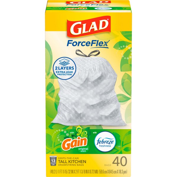 Glad ForceFlex Tall Kitchen Trash Bags, 13 Gal Drawstring, scented