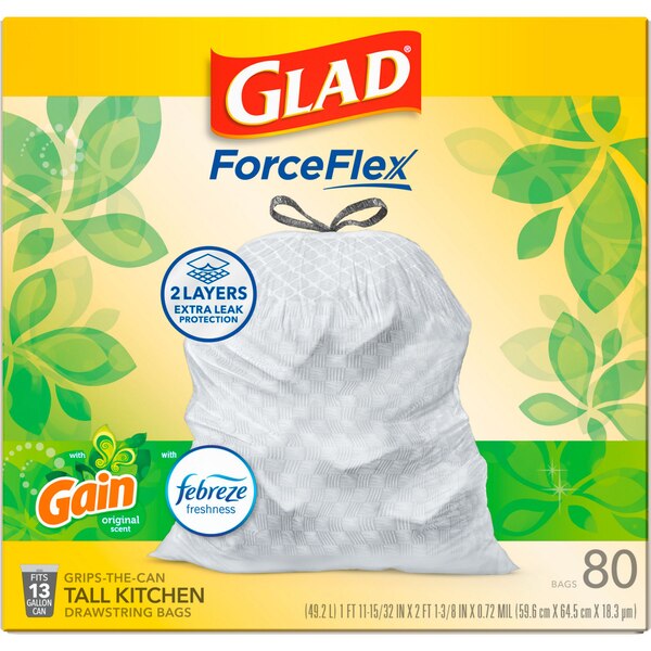 Glad ForceFlex Tall Kitchen Drawstring Trash Bags, 13 Gal, Gain Original with Febreze, 80 ct