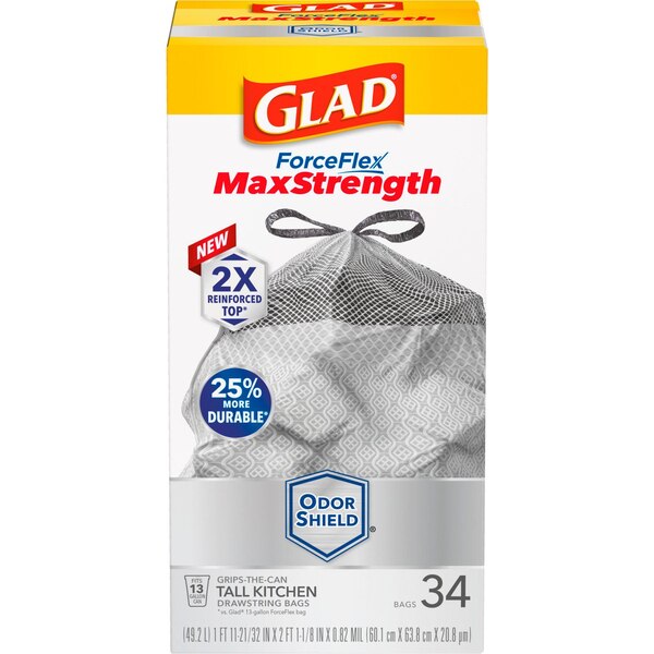 Glad Forceflex Plus Tall Kitchen Drawstring Trash Bags, Unscented, White, 13 Gallon, 34 ct