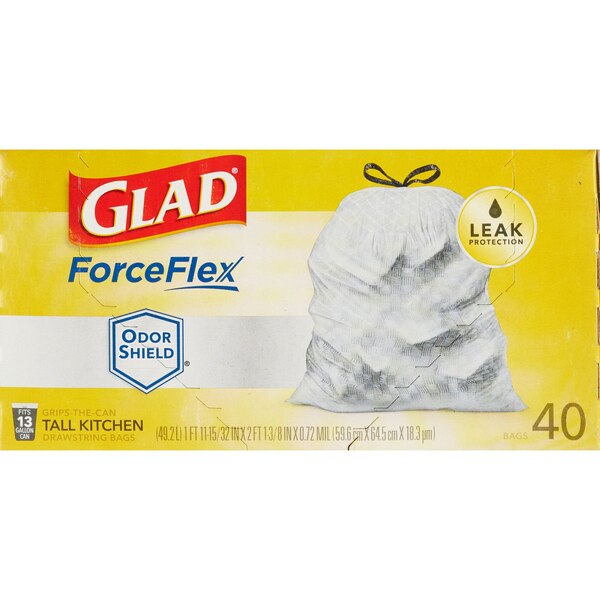 Glad Forceflex Plus Tall Kitchen Drawstring Trash Bags, Unscented, White, 13 Gallon, 34 ct