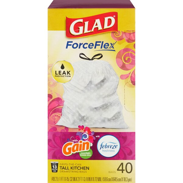 Glad ForceFlex Unscented Tall Kitchen Drawstring Trash Bags, White, 13 Gallon, 34 ct
