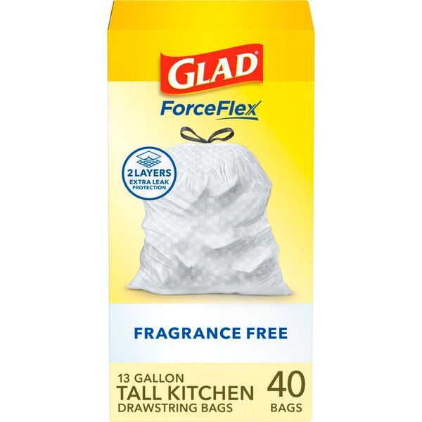 Glad ForceFlex Tall Kitchen Drawstring Trash Bags, 13 Gal, Fragrance Free, 40 ct