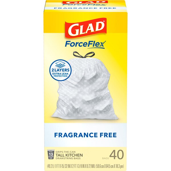 Glad ForceFlex Tall Kitchen Drawstring Trash Bags, 13 Gal, Fragrance Free, 40 ct