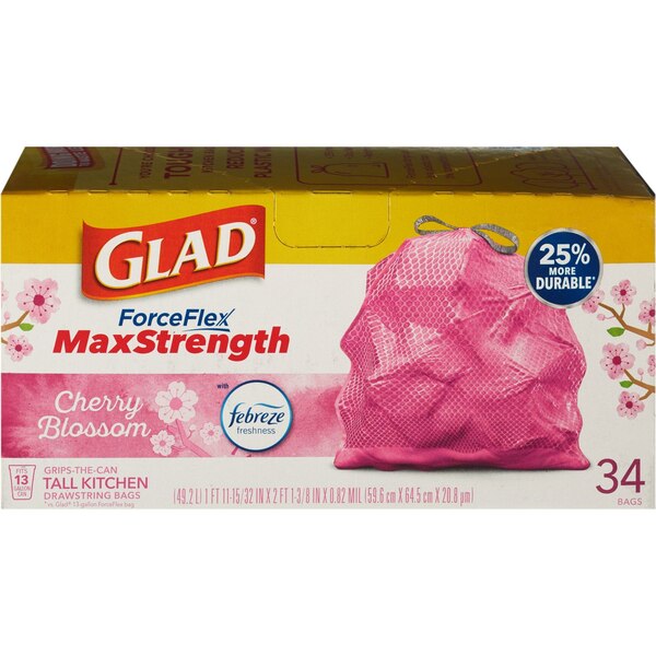 Glad ForceFlex MaxStrength Tall Kitchen Drawstring Trash Bags, Cherry Blossom, Pink, 13 Gallon, 34 CT