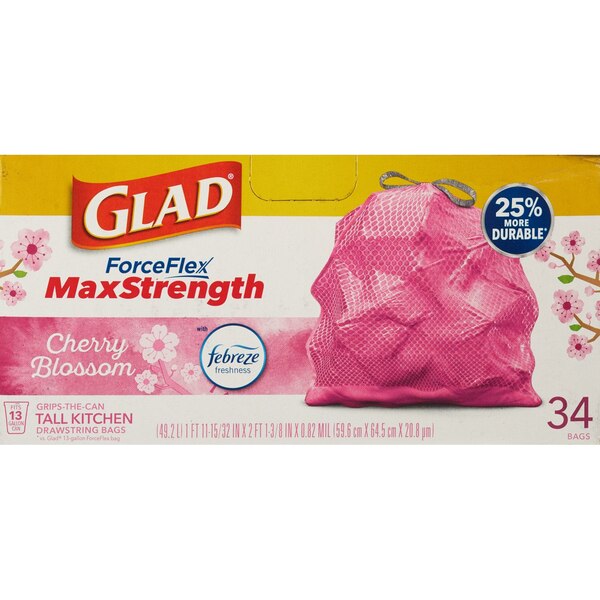 Glad ForceFlex MaxStrength Tall Kitchen Drawstring Trash Bags, Cherry Blossom, Pink, 13 Gallon, 34 CT