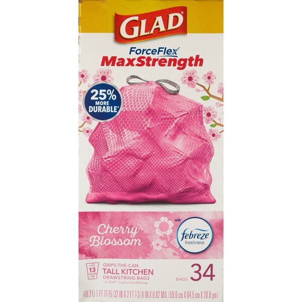 Glad ForceFlex MaxStrength Tall Kitchen Drawstring Trash Bags, Cherry Blossom, Pink, 13 Gallon, 34 CT