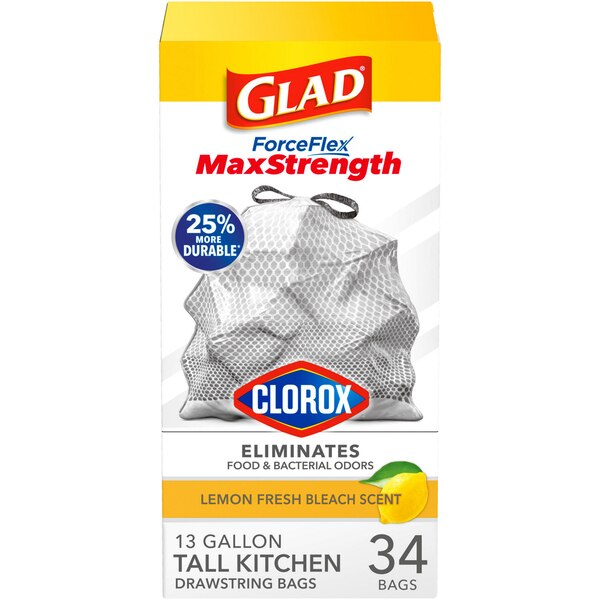 Glad ForceFlex MaxStrength With Clorox Kitchen Trash Bags, 13 Gal, 34 ct