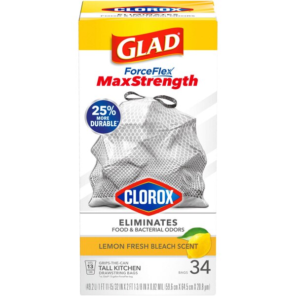 Glad ForceFlex MaxStrength With Clorox Kitchen Trash Bags, 13 Gal, 34 ct