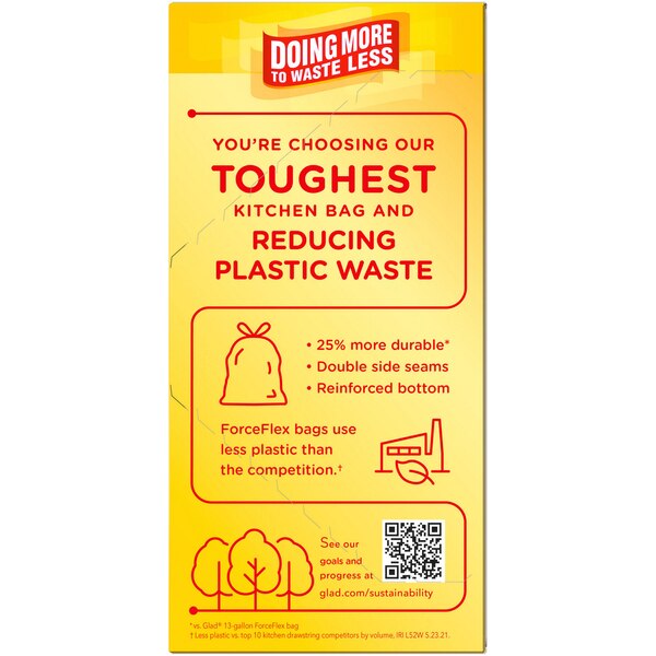 Glad ForceFlex MaxStrength With Clorox Kitchen Trash Bags, 13 Gal, 34 ct