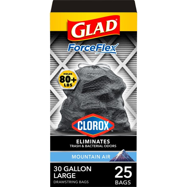 Glad ForceFlex Drawstring Trash Bags with Clorox, 30 Gal, Mountain Air, 25 ct