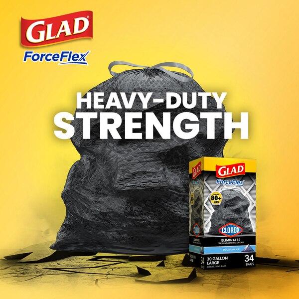 Glad ForceFlex Drawstring Trash Bags with Clorox, 30 Gal, Mountain Air, 25 ct