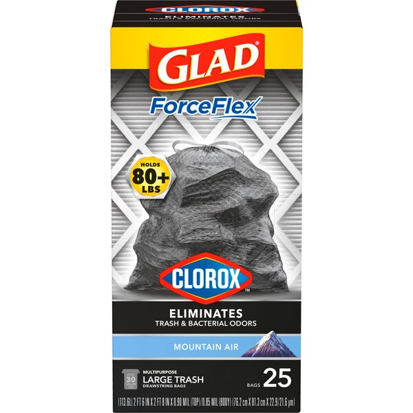 Glad ForceFlex Drawstring Trash Bags with Clorox, 30 Gal, Mountain Air, 25 ct