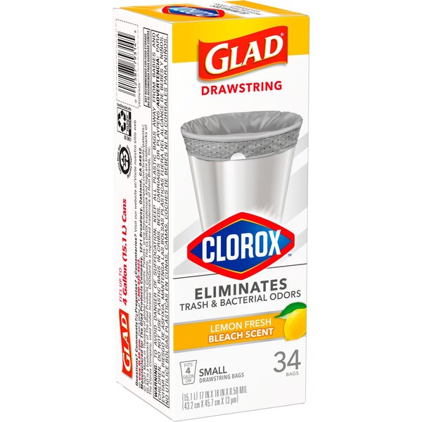 Glad Drawstring Trash Bags, Lemon Fresh Bleach Scent, 4 Gallon, 34 ct