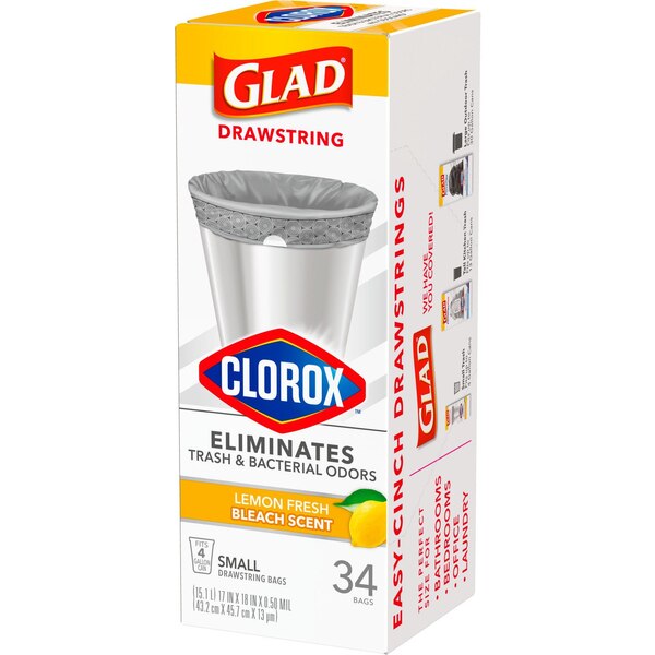 Glad Drawstring Trash Bags, Lemon Fresh Bleach Scent, 4 Gallon, 34 ct