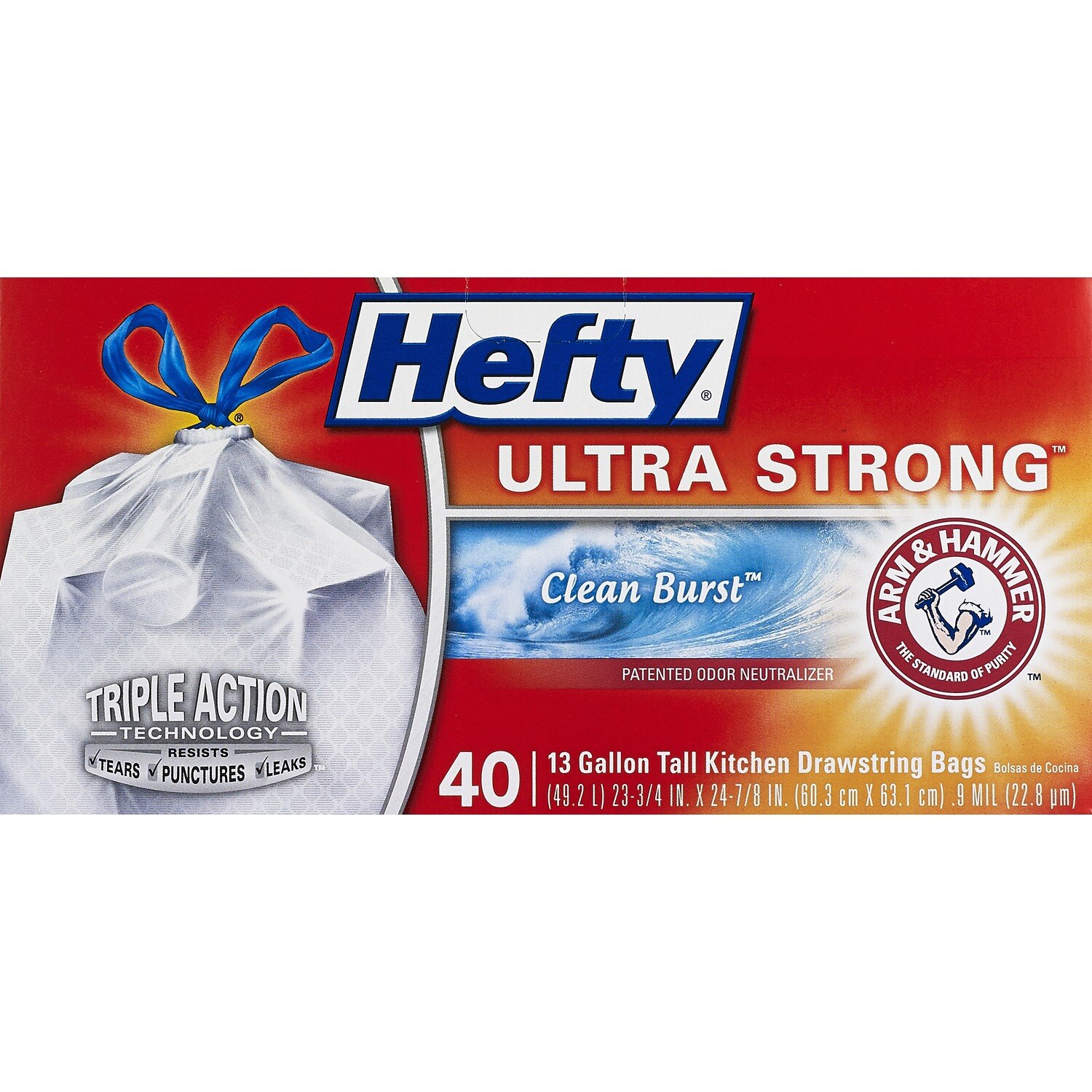 Hefty Ultra Strong Tall Kitchen Drawstring Trash Bags, Clean Burst, 13 Gallon, 40 CT