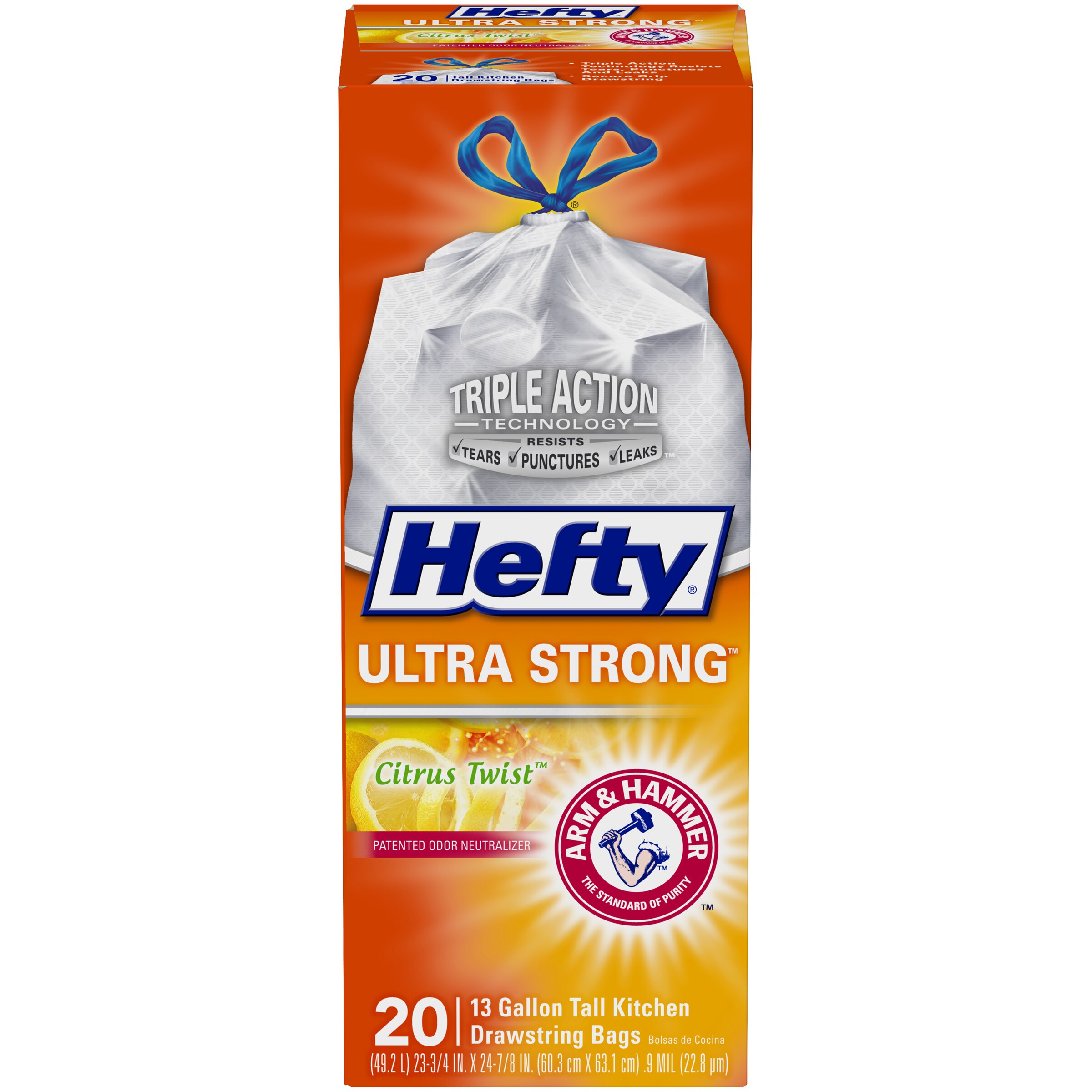 Hefty Ultra Strong - Bolsas para basura con cordel para cestos altos, Citrus Twist, 13 galones, 20 u.