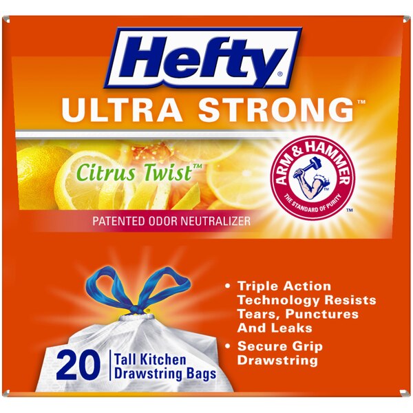 Hefty Ultra Strong 13 Gallon Tall Kitchen Drawstring Trash Bags, Citrus Twist, 20 ct