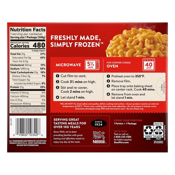 Stouffer’s Macaroni and Cheese, Single Serve, Frozen Entrees for One, Easy Frozen Dinners, 12 oz