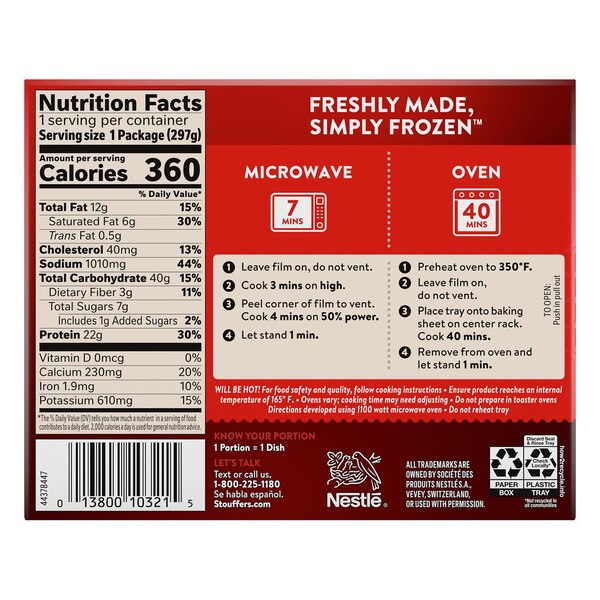 Stouffer’s Classic Lasagna with Meat and Sauce, Single Serve, Oven Ready, Frozen Dinners, 10.5 oz