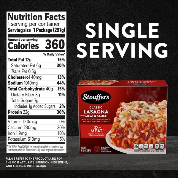 Stouffer’s Classic Lasagna with Meat and Sauce, Single Serve, Oven Ready, Frozen Dinners, 10.5 oz