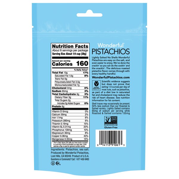 Wonderful Pistachios, No Shells, Roasted and Lightly Salted Nuts, 6 oz Resealable Pouch