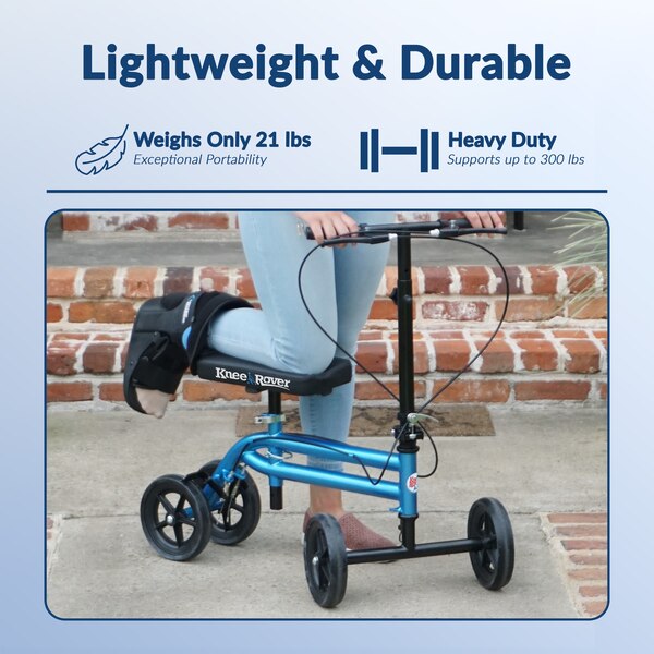 KneeRover - Scooter de rodilla económico con manubrio y sistema de doble freno en azul metálico