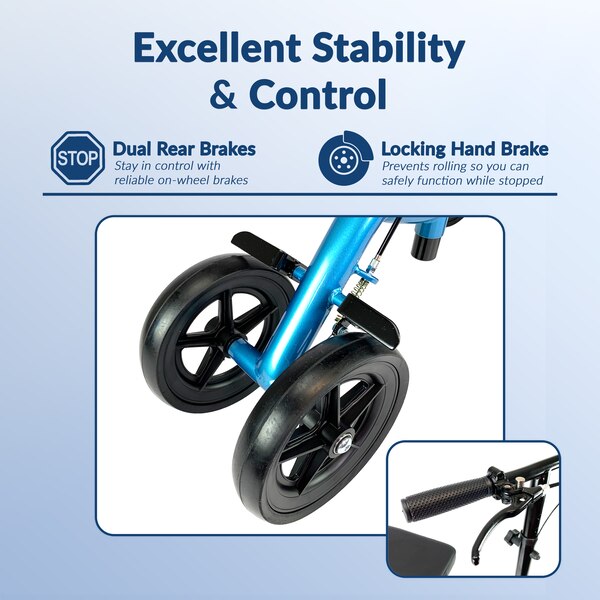 KneeRover - Scooter de rodilla económico con manubrio y sistema de doble freno en azul metálico