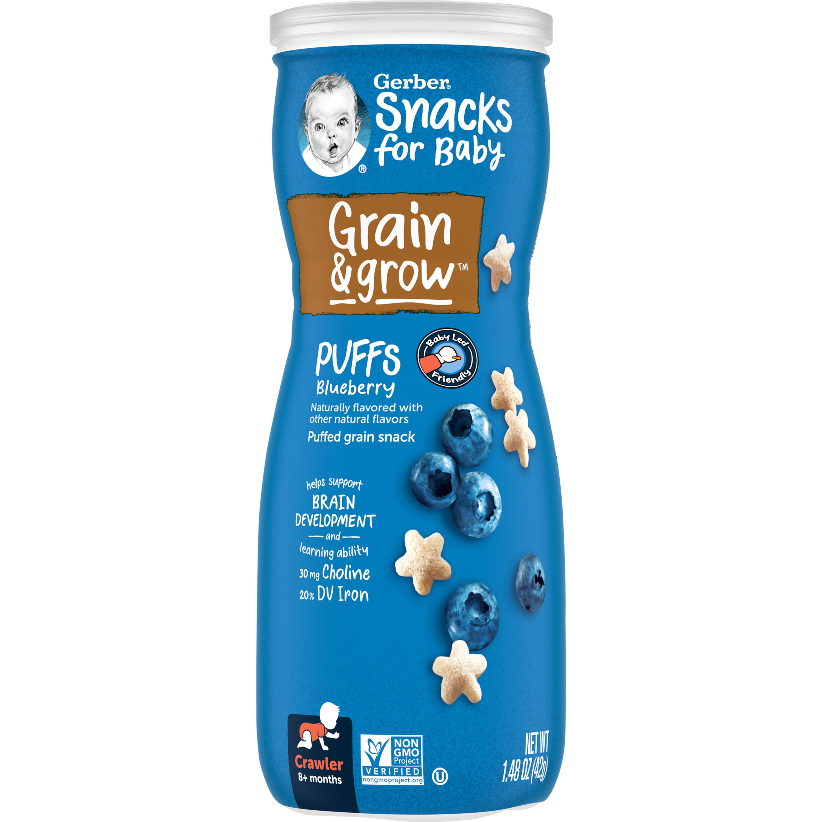 Gerber Snacks for Baby Grain & Grow Puffs, Blueberry, 1.48 oz Canister