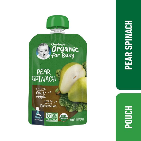 Gerber Organic Stage 2 Baby Food, Pear Spinach, 3.5 oz Pouch