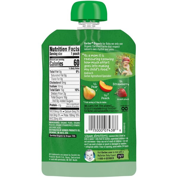 Gerber 2nd Foods Organic Pear Peach Strawberry Baby Food, 3.5 oz Pouch