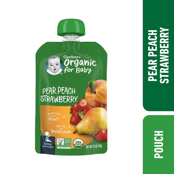 Gerber 2nd Foods Organic Pear Peach Strawberry Baby Food, 3.5 oz Pouch