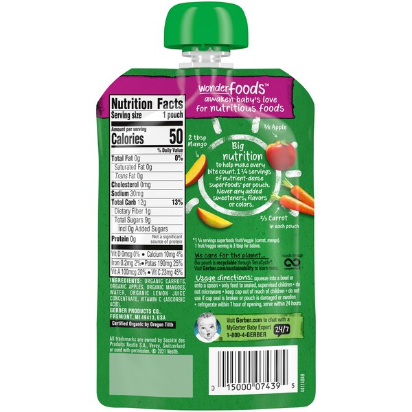 Gerber 2nd Foods Organic Carrot Apple Mango Baby Food, 3.5 oz Pouch