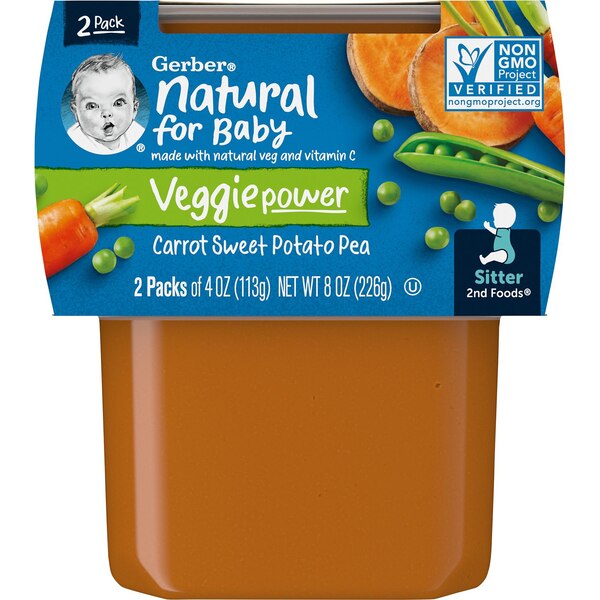 Gerber 2nd Foods Natural for Baby Veggie Power Baby Food, Carrot Sweet Potato Pea, 2 CT, 4 OZ