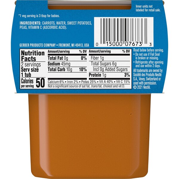 Gerber 2nd Foods Natural for Baby Veggie Power Baby Food, Carrot Sweet Potato Pea, 2 CT, 4 OZ