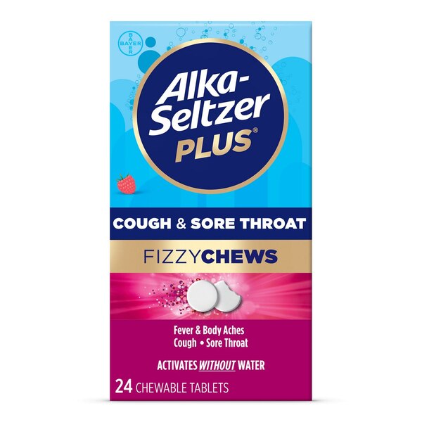 Alka-Seltzer Fizzy Chews Cough & Sore Throat Tablets, Raspberry, 24 CT