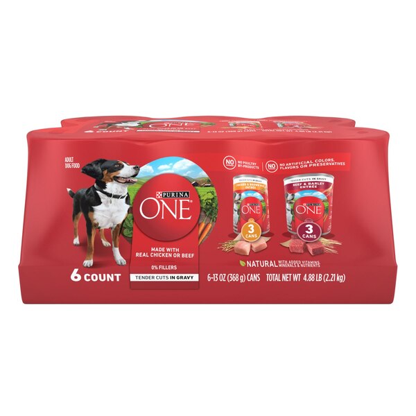 Purina ONE Wet Dog Food in Gravy, 3 Chicken & Rice, 3 Beef & Barley, 6 ct