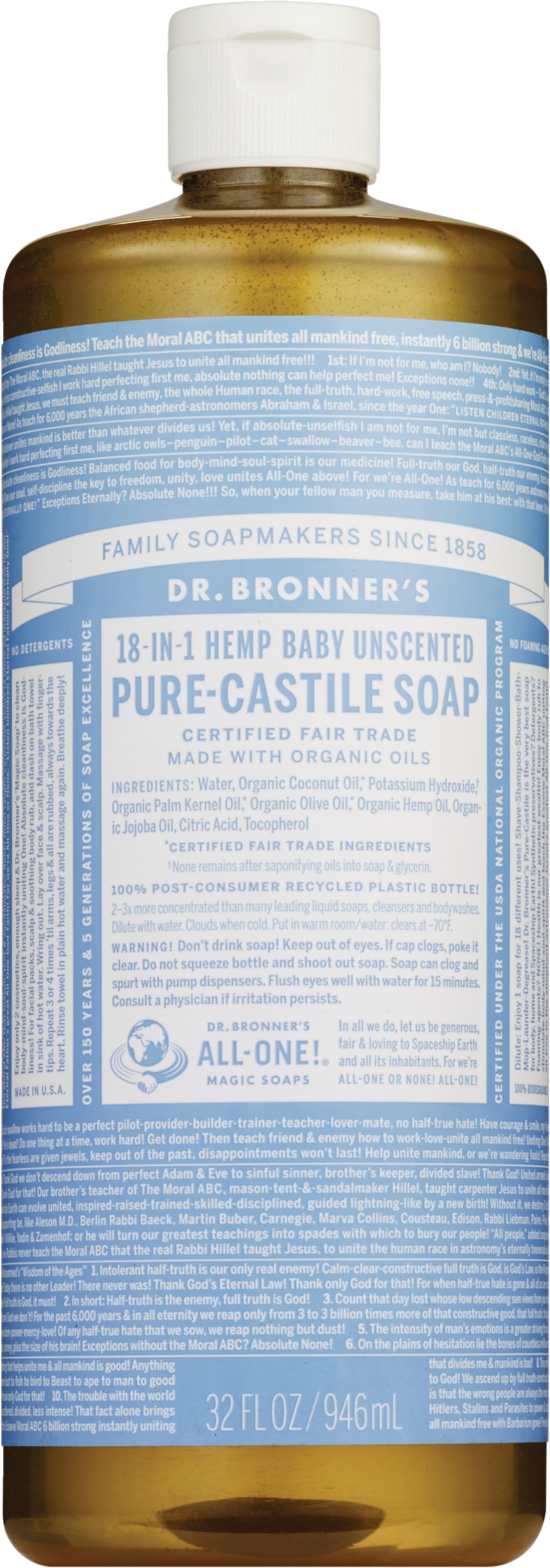 Dr. Bronner's Magic Soaps - Jabón líquido puro de castilla, suave para bebés, sin perfume