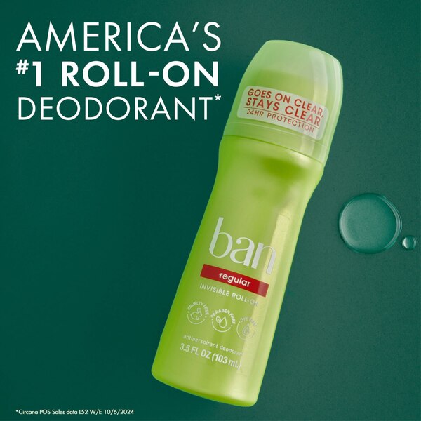 Ban 24-Hour Antiperspirant & Deodorant Roll-On, Regular, 3.5 OZ