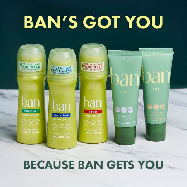 Ban 24-Hour Antiperspirant & Deodorant Roll-On, Regular, 3.5 OZ