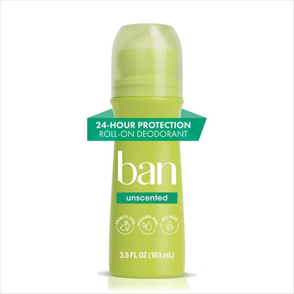 Ban 24-Hour Antiperspirant & Deodorant Roll-On, Unscented, 3.5 OZ