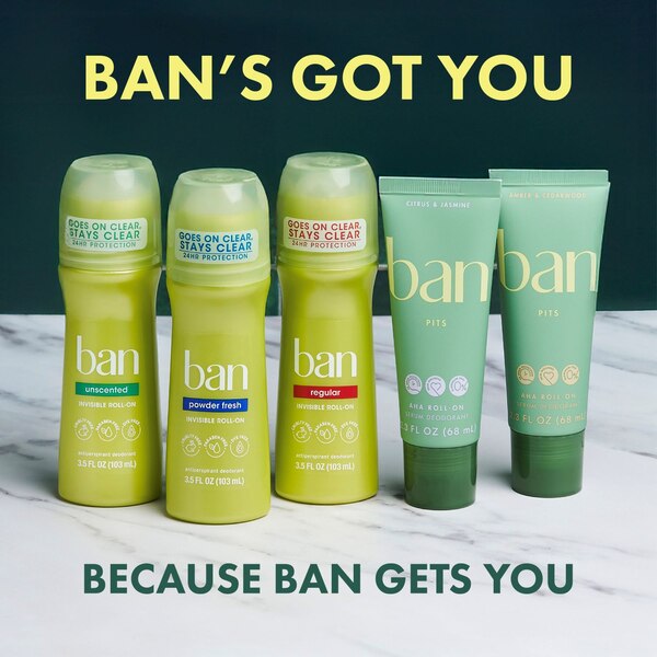 Ban 24-Hour Antiperspirant & Deodorant Roll-On, Unscented, 3.5 OZ