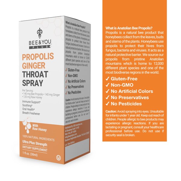 BEE&YOU Propolis+Ginger+Raw Honey Throat Spray, 1 Fl Oz