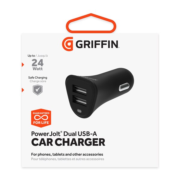 Griffin PowerJolt Dual Universal USB-A 12W Car Charger - Black. Lifetime Warranty.