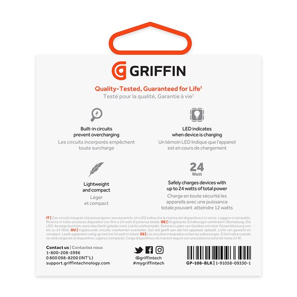 Griffin PowerJolt Dual Universal USB-A 12W Car Charger - Black. Lifetime Warranty.